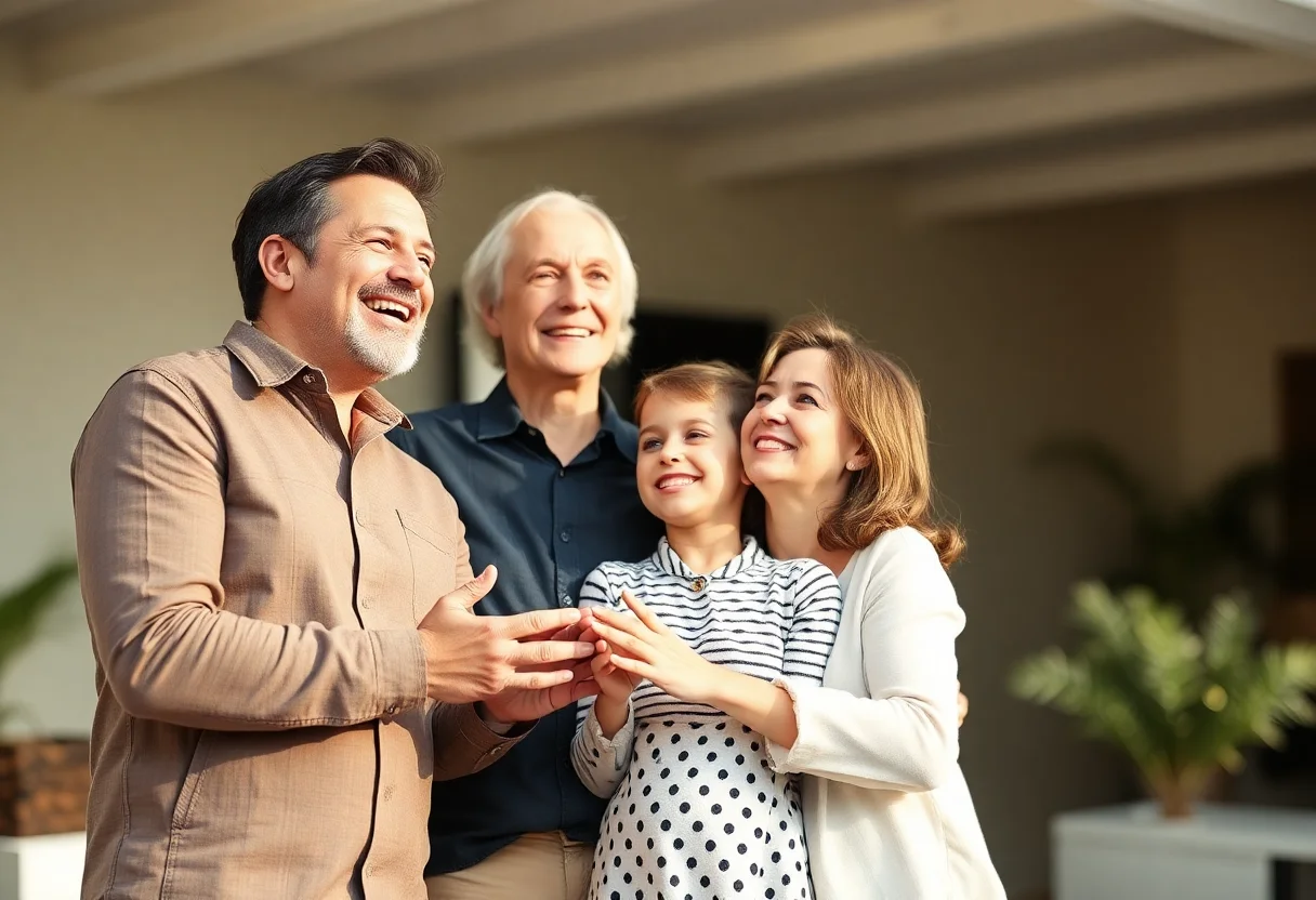 A happy family smiling and looking towards the future, representing financial security.