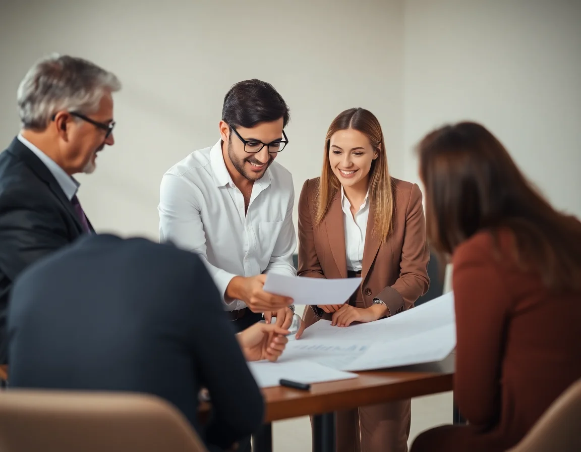 A team of professionals collaborating on a financial plan for the future.